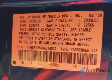 2009 Honda Accord 2.4 Ex-L z USA, uszkodzony, nr VIN 1HGCS12879A014924